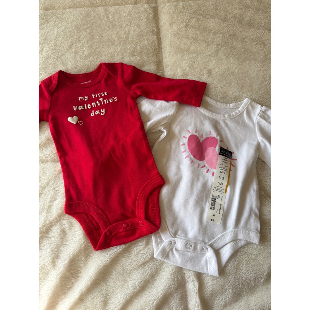 Carters Okie Dokie Newborn Valentine Day Bodysuit Set Red White Heart 2pk NB